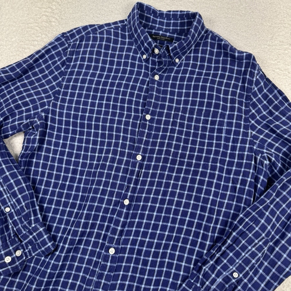 Banana Republic Shirt Men's L Camden Standard Fit 100% Linen Lightweight Plaid